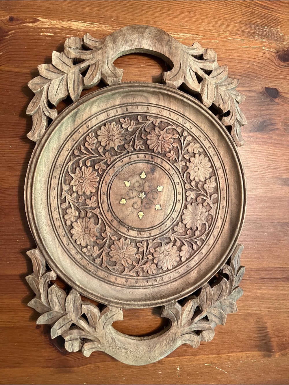 Indian Hand-Carved Wooden Floral Tray